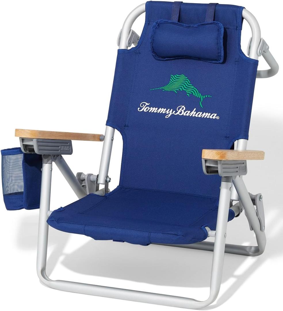 Tommy Bahama Kid's 5-Position Lay Flat Backpack Folding Beach Chair, Solid Navy Wavy Marlin