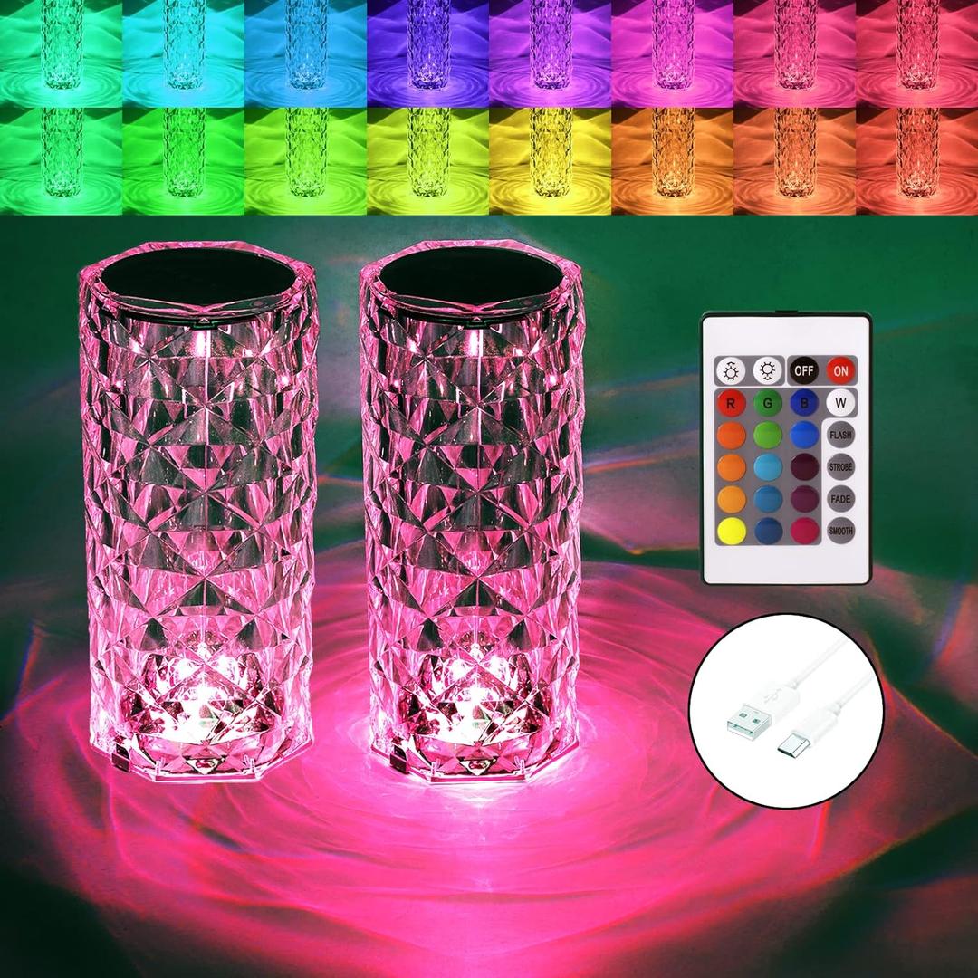 BGFHome Crystal Table Lamp RGB Color Changing Night Lights (2 Pack) Crystal Rose Diamond Touch Lamp for Bedroom Living Room Decor (Remote & Touch Control)