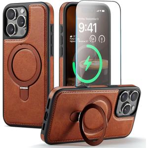 for iPhone 16 Pro Max Case with Stand Compatible with Magsafe Slim PU Leather & Rubber Drop Proof Magnetic Kickstand Protective Phone Cover with Tempered Glass Screen Protector 6.9", Brown