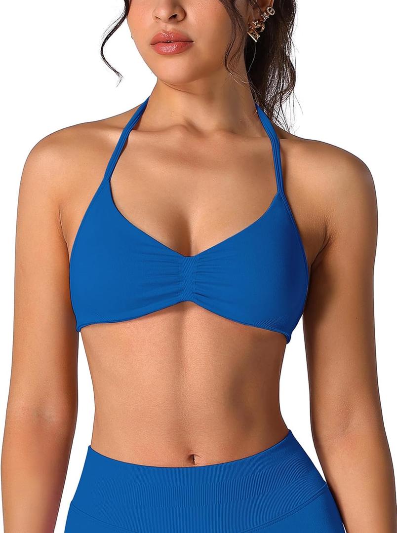 ABOCIW Women Seamless Halter Sports Bra Open Back Padded Gym Workout Crop Tank Tops Low Impact Bra (Large, #1 Enchanted Blue)