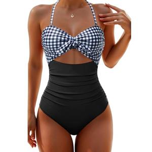 Tempt Me Women Black Plaid Sexy Cutout One Piece Swimsuits Tummy Control High Waisted Halter Front Tie Knot Bathing Suit M