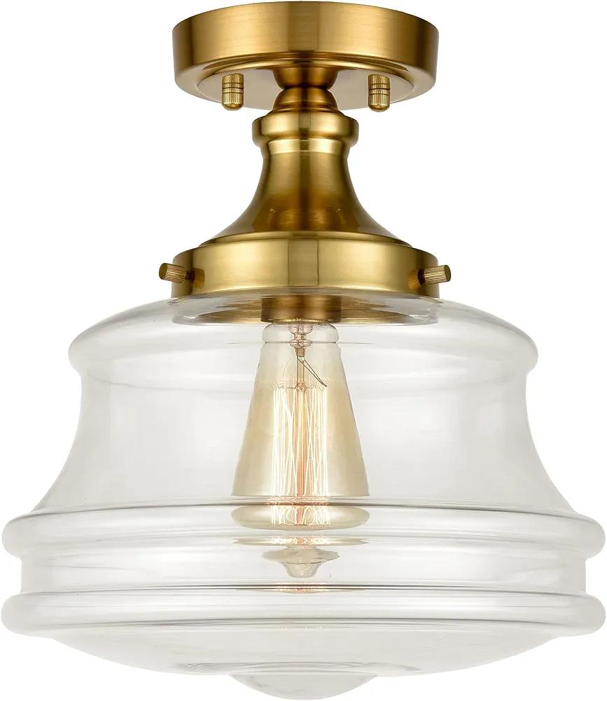 Modern Gold Semi Flush Mount Ceiling Light Brass Schoolhouse Glass Hallway Ceiling Lights, 11" W X 12.4" H
