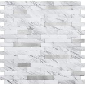 DICOFUN 10 Sheets Marble Look Peel and Stick Backsplash Wall Tile, PVC Kitchen Backsplash Peel and Stick in White, 9.4 sq.ft (White Stone and Metal Silver)