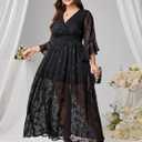 EYWOL Wedding Guest Dress Plus Size Ruffle Bell Sleeve V Neck A Line Flowy Empire Waist Maxi Dresses with Slit (Black), Size 2X