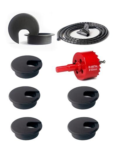Bicafa 6 Pack Desk Grommet 2 Inch (50 mm) Bi-Metal Hole Saw Kit with Cord Wrap Coiled Tube Management,2 m Cable Sleeve Organizer with Table Hole Cover
