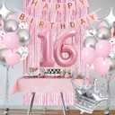 Sweet 16th Birthday Decorations Pink, Happy Birthday Decorations for Girls Pink Silver Balloons Number 16 Balloons,Fringe Curtain, Crown Balloon, Star Balloon for Her Girl 16th Birthday Princess Party