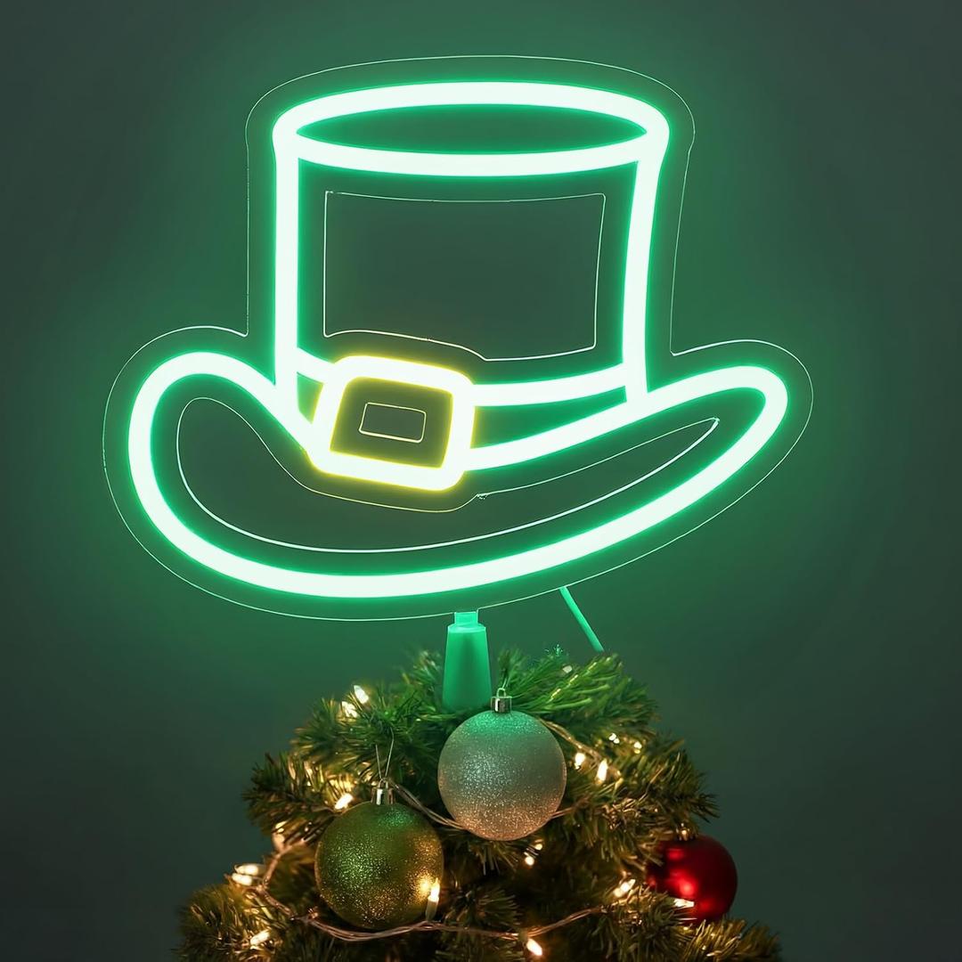 Tuanse Lighted St. Patrick's Day Tree Topper Decorations 11 Inch LED Irish Neon Sign Decorations Green Decor with Battery Operated or USB Powered for Party St. Patrick's Day Holiday(Top Hat)