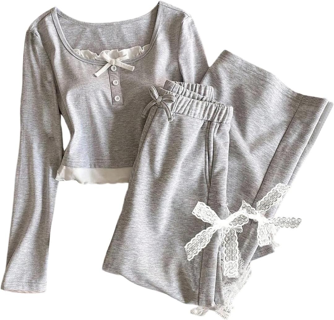 SOLY HUX Girl's 2 Piece Outfits Cute Bow Long Sleeve T Shirt Tops and Pants Fall Matching Sets, 10Y