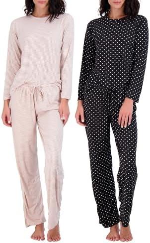 Real Essentials 2 Pack: Women's Pajama Set - Choose from Short Sleeve with Pocket or Long Sleeve without Pocket L
