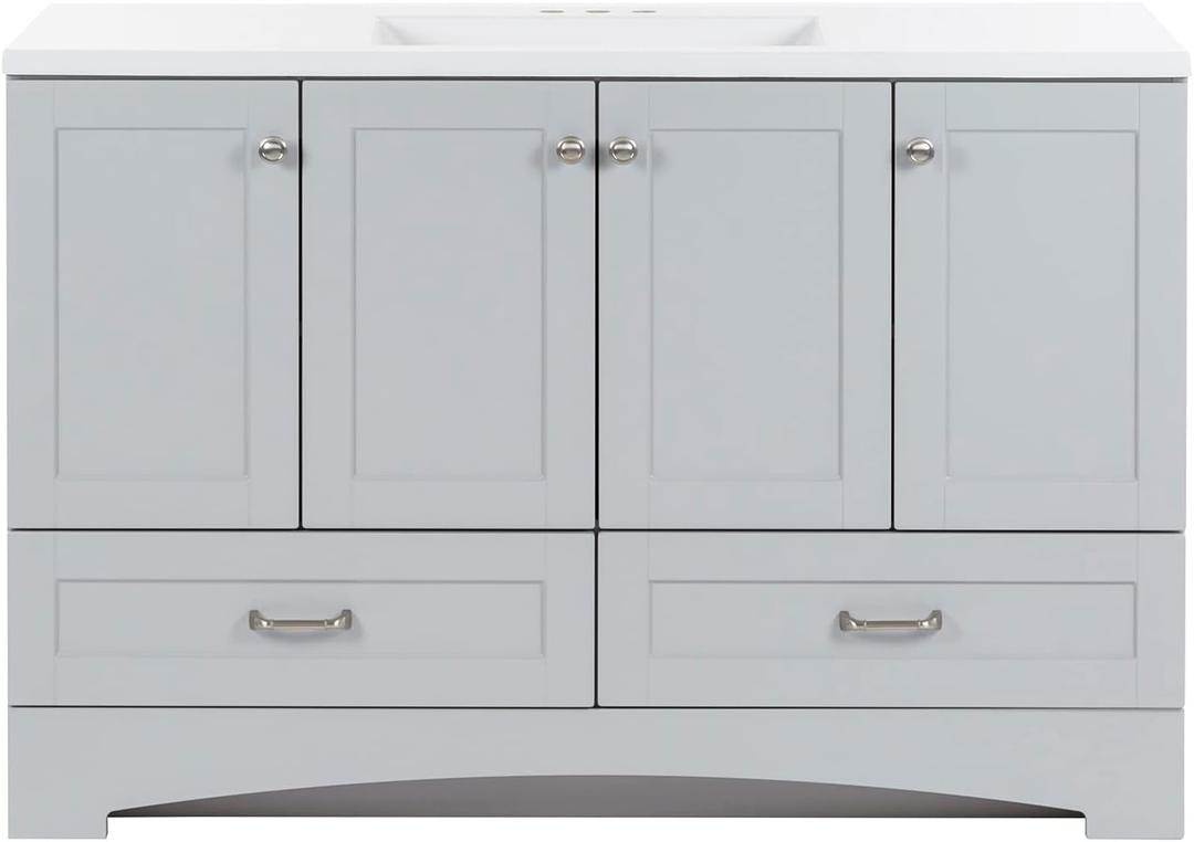 Spring Mill Cabinets Emlyn 48 Inch Bathroom Vanity with White Single-Sink Top, 3 Cabinets, 2 Shelves, 2 Drawers, 48.5" W x 18.75" D x 32.89" H, Pearl Gray