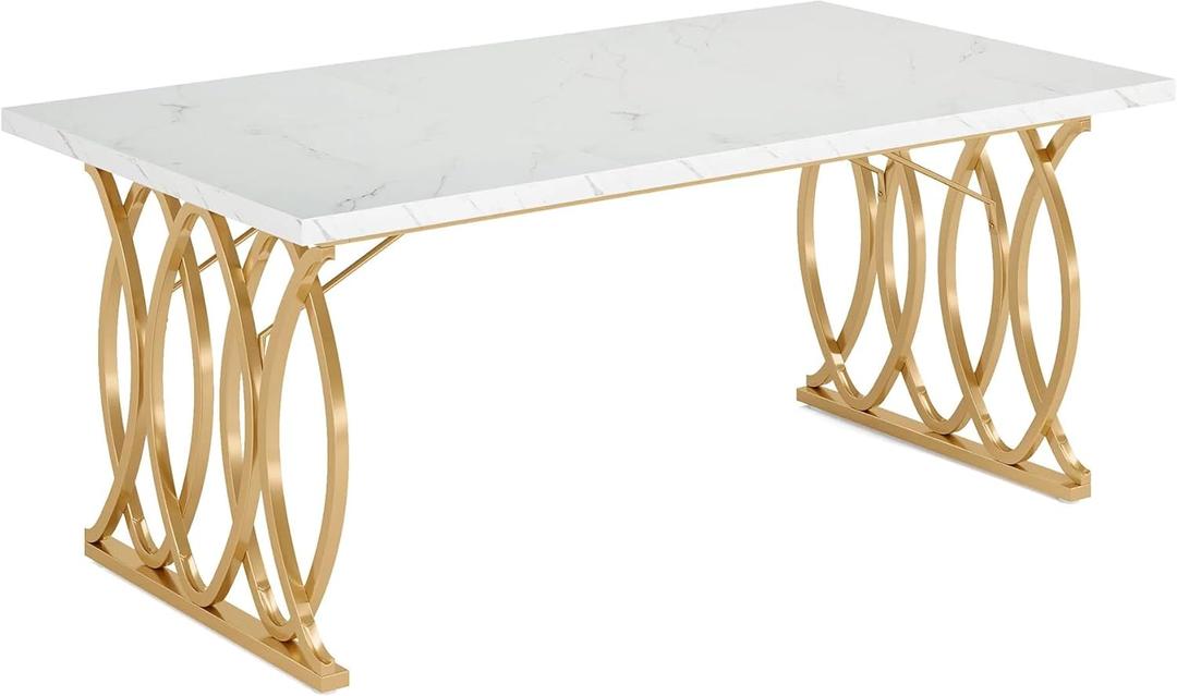 Modern Dining Table with Faux Marble Top, Gold Metal Base, 63" x 31.5" Rectangle, Waterproof Anti-Scratch Surface, Adjustable Foot Pads