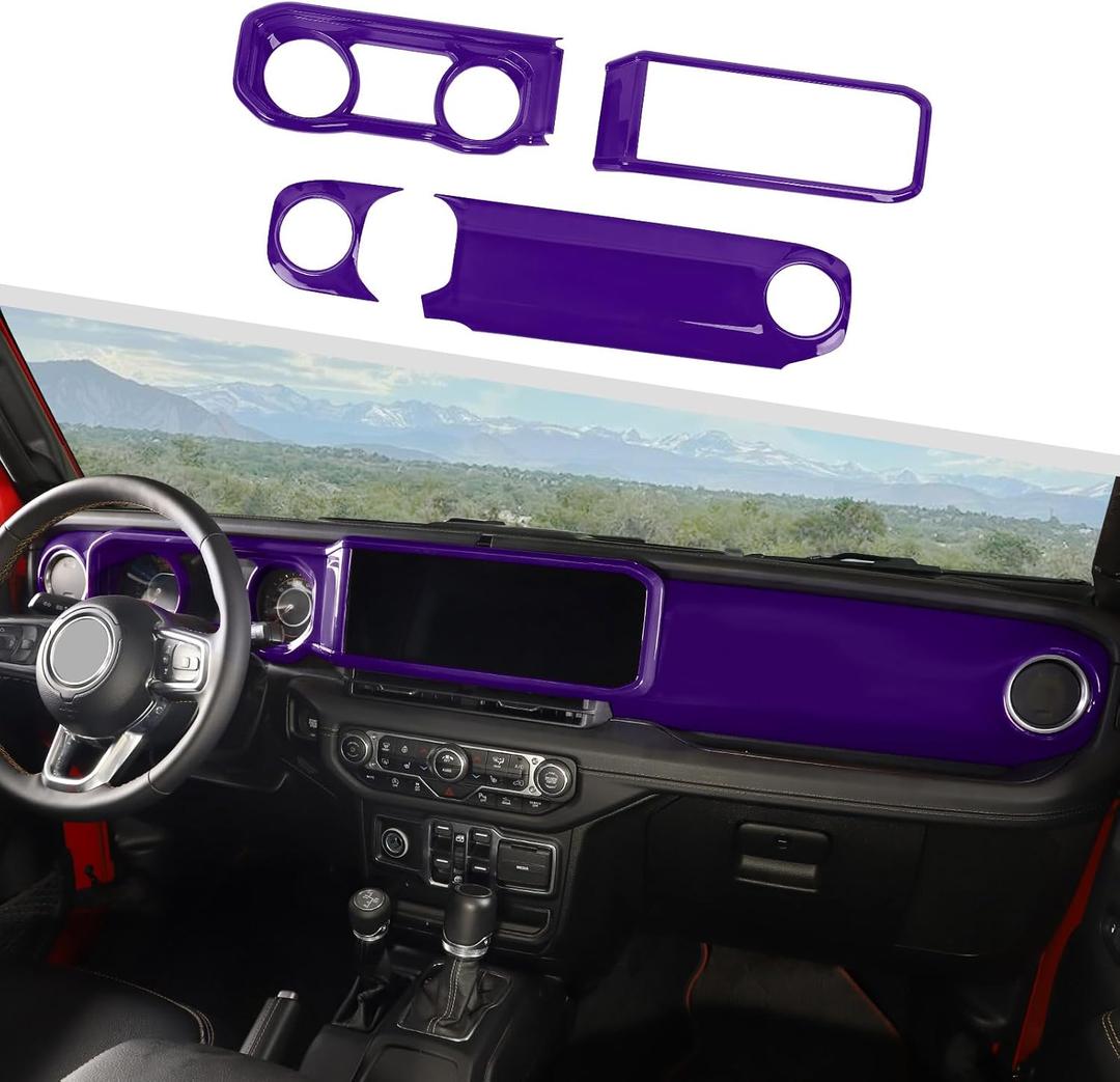 Jimen Fit for Jeep Wrangler JL JLU & Gladiator JT 2024-2025, 4PCS Center Console Dash Trim & Dashboard Cover Navigation Panel Interior Overlay (Purple)