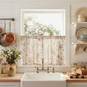 jinchan Amlie Floral Kitchen Curtains 24 Inch Length Linen Cafe Curtains Small Window Drapes Light Filtering Botanical Farmhouse for Bedroom Bathroom Rod Pocket 2 Panels Taupe on Linen