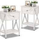 VECELO Night Stands for Bedroom Rustic Nightstand Bedside End Tables with Drawer Storage, (Set of 2), Pearl White