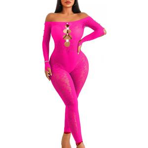 Avidlove Women Lingeries Long Sleeve Fishnet Body Stocking Leopard Sexy Outfit Rhinestone Body Suits Cut Out Jumpsuit (Rose Red) XL Plus