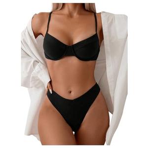 SweatyRocks Women's 2 Piece Bikini Set Spaghetti Strap High Cut Push Up Underwire Swimsuit (Black, Large)