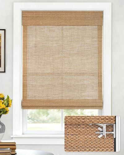 LazBlinds No Drill Cordless Bamboo Roman Shades, Light Filtering Blinds for Indoor Windows, Roll Up Bamboo Blinds for Home, 29" W x 64" H, Star-Brown