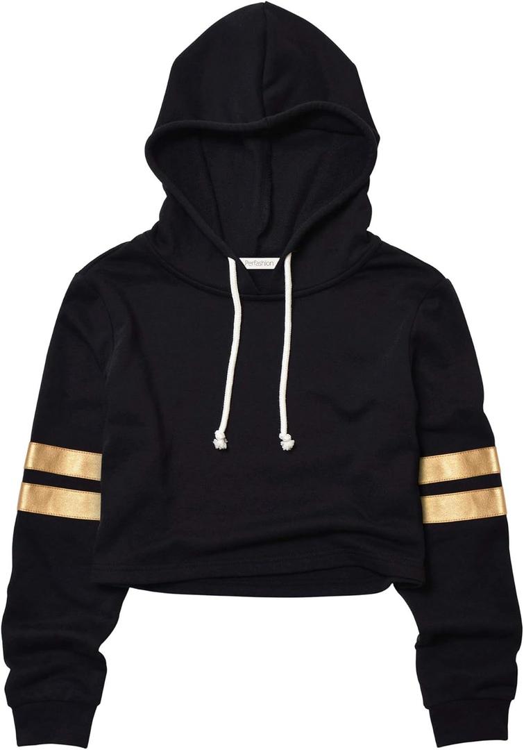 Perfashion Women's Cropped Hoodie Black Long Sleeve Loose Pullover Sweatshirts Hoody for Teenagers, XL, Champagne Gold Stripe)