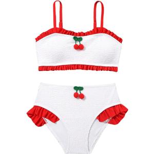 MakeMeChic Girl's Cherry Bikini Set Colorblock Ruffle Trim Cute Swimsuits 2 Piece Bathing Suit (Red and White) 11 years