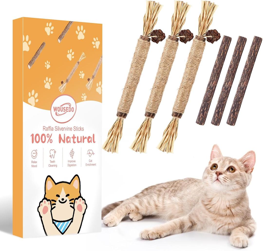 WOUSEDO 6 Pack Silvervine Sticks Cat Toy, Natural Chew Stick for Dental Care Teeth Cleaning, Matatabi Cat nip Treat Toys for Indoor Cats& Kittens