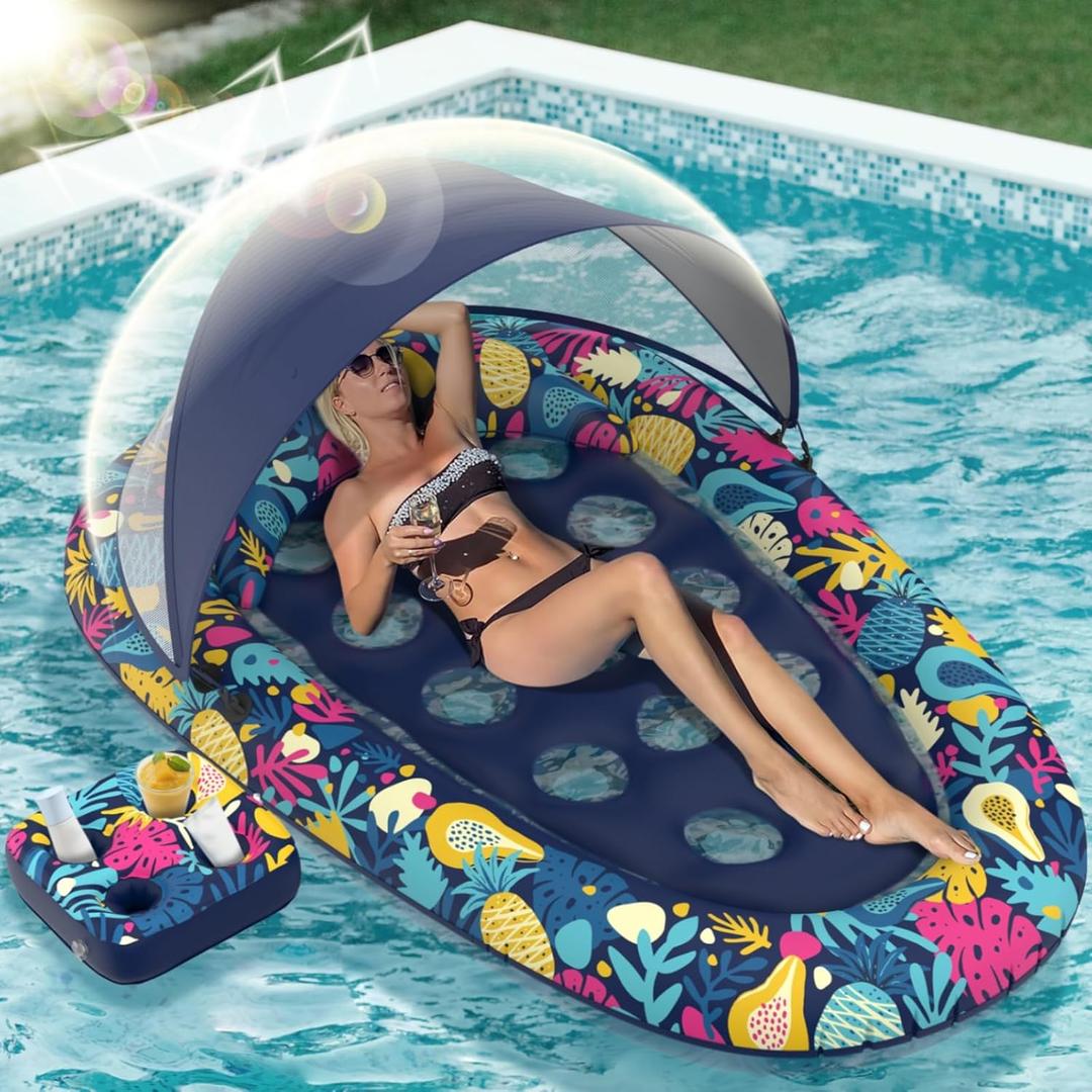 3-in-1 Pool Floats with Canopy Cup Holder, XL Large 73" x 48" Inflatable Pool Floats for Adults Lounger Raft Floating Chair for Swimming Pool Lake Water Lounge Float Beach Pool Party Toys (Hawaii fruit)