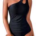 Women's Two Piece Tankini Swimsuits One Shoulder Tummy Control Keyhole Bathing Suits Swim Top with Bottom (Black, L)