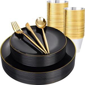 bUCLA 150PCS Black and Gold Plastic Plates - Black Gold Plastic Dinnerware Set Disposable - Include 25 Dinner / 25 Dessert Plates, 25 Knives, 25 Forks, 25 Spoons, 25 Cups, Ideal for Party & Birthday