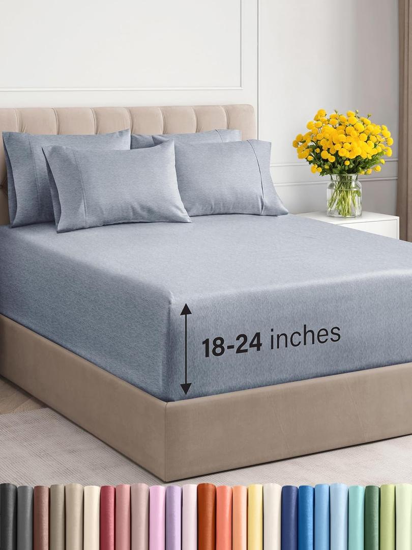 Extra Deep King Sheet Set - 6 Piece Breathable & Cooling Sheets - Hotel Luxury Bedding Set w/18-24 Inch Extra Deep Pockets - Easy Fit - Super Soft, Wrinkle Free and Comfy - Heathered Blue, King Size