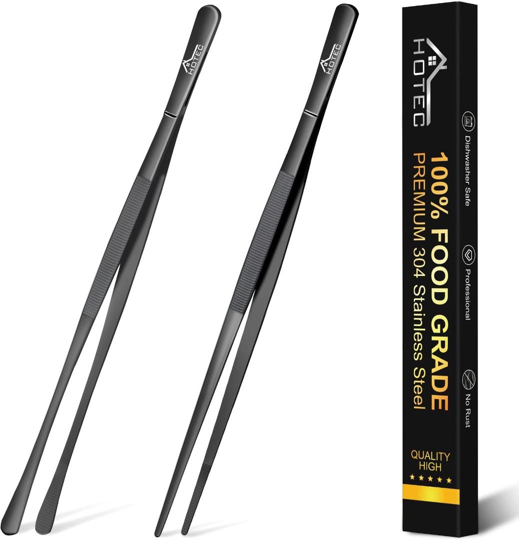 HOTEC Kitchen Tweezers Tongs Stainless Steel Professional Chef Tweezers, Set of 2-12inch Extra-Long Food Tongs for Cooking,Grill and Baking