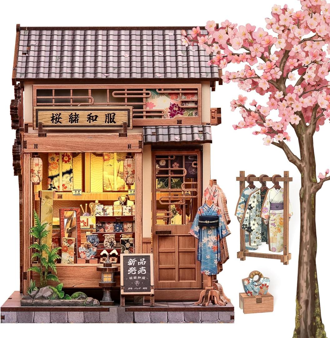 Cutefun Book Nook Kit, DIY Miniature House Kit for Adults, Teens and Beginners, Japanese Sakura Booknook Tiny House Bookshelf Decor 3D Wooden Puzzles, Gifts for Friends & Family (Sakura Kimono Shop)