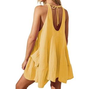 Yioaga Women Casual Summer Dresses Sleeveless Crew Neck Backless Tunic Mini Dress Loose Flowy Tank Sundress with Pockets Small