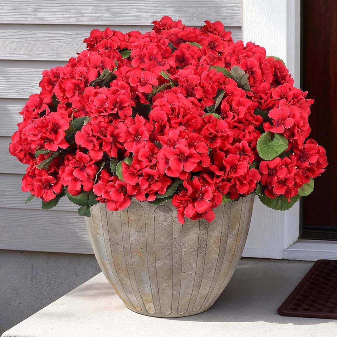 6 Pcs Artificial Geraniums Flowers for Outdoors Realistic Faux Silk Geraniums Red Fake Flowers UV Resistant Outdoor Flowers Plants for Front Porch Patio Garden Home Decor (6, Red)