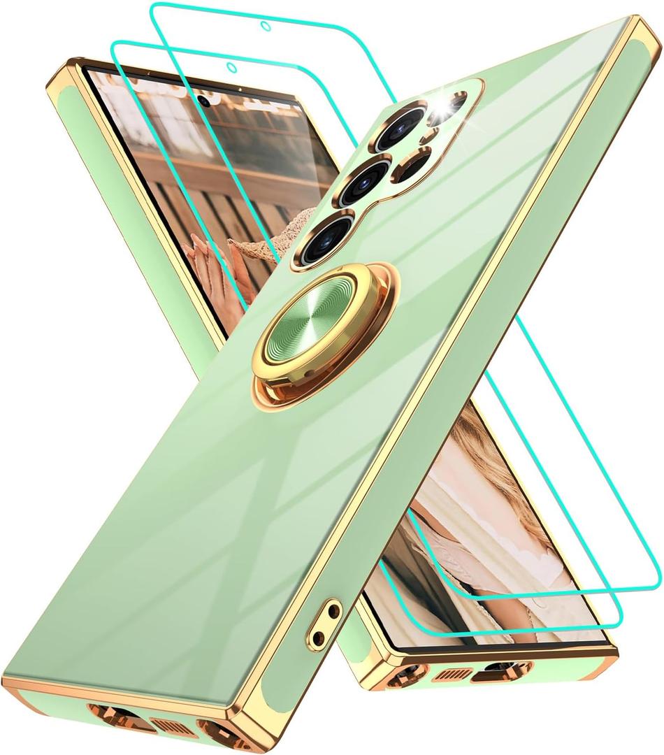 Gritup for Samsung Galaxy S23 Ultra Case: with 2Pcs Screen Protector, 360 Rotation Ring Holder Magnetic Kickstand, Plating Gold Edge Soft TPU Shockproof Protective Cover for S23 Ultra, Pea Green