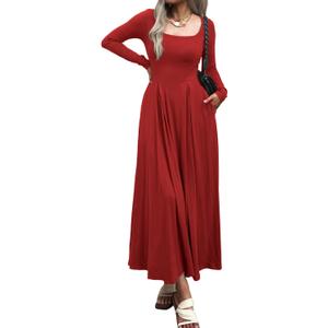 Mieazom Women Long Sleeve Square Neck Maxi Dress A-Line Pleated Flowy Elegant Party Cocktail Winter Fall Dresses with Pockets L