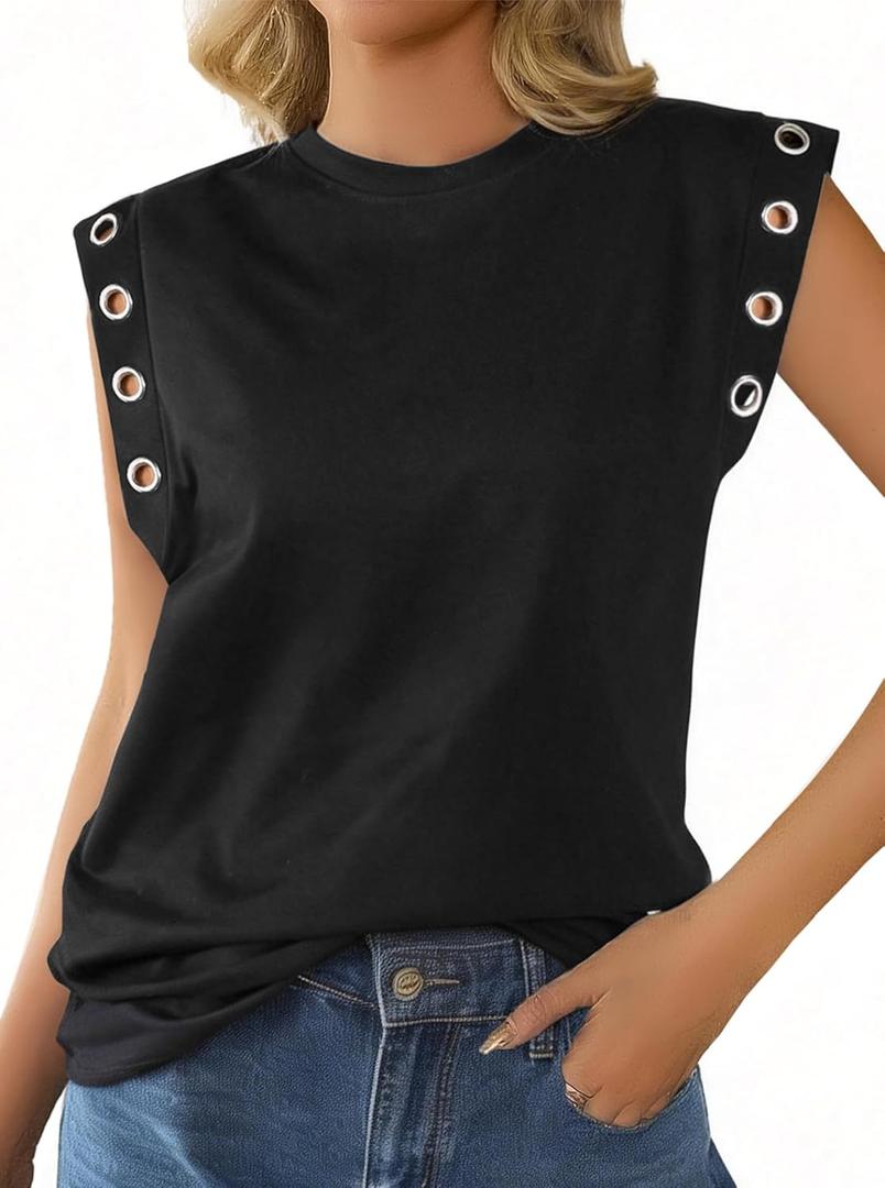 Remidoo Women's Cap Sleeve Tank Tops Loose Fit Grommet Punk Sleeveless Shirts Black X-Large (Black, XL)