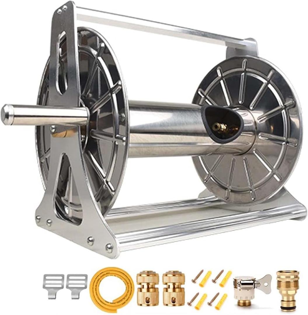 Garden Hose Reel,Stainless Steel Hose Reel,Mobile Portable Hose and Reel Kit,Wall/Floor Mounted Metal Water Hose Reel for Garden Car Washing(328Ft, A)
