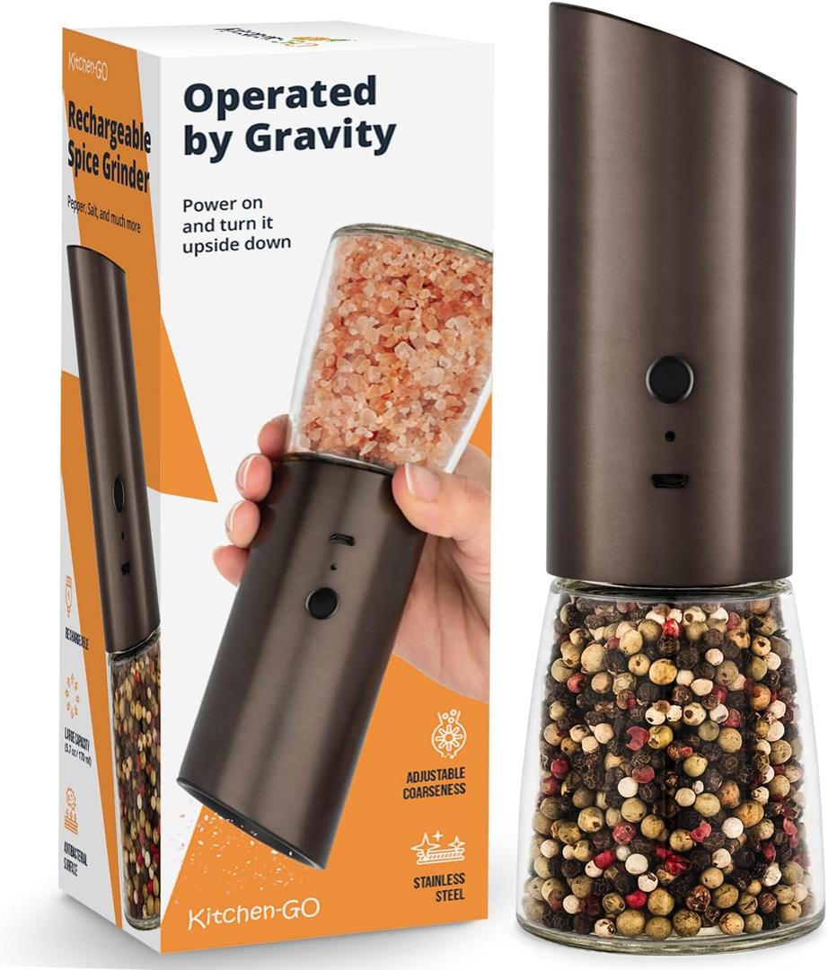 Rechargeable Electric Salt or Pepper Grinder, Automatic Gravity Mill with Adjustable Coarseness, Brushed Stainless Steel, Ceramic Blades and Refillable Glass (Bronze grinder - 1 unit)