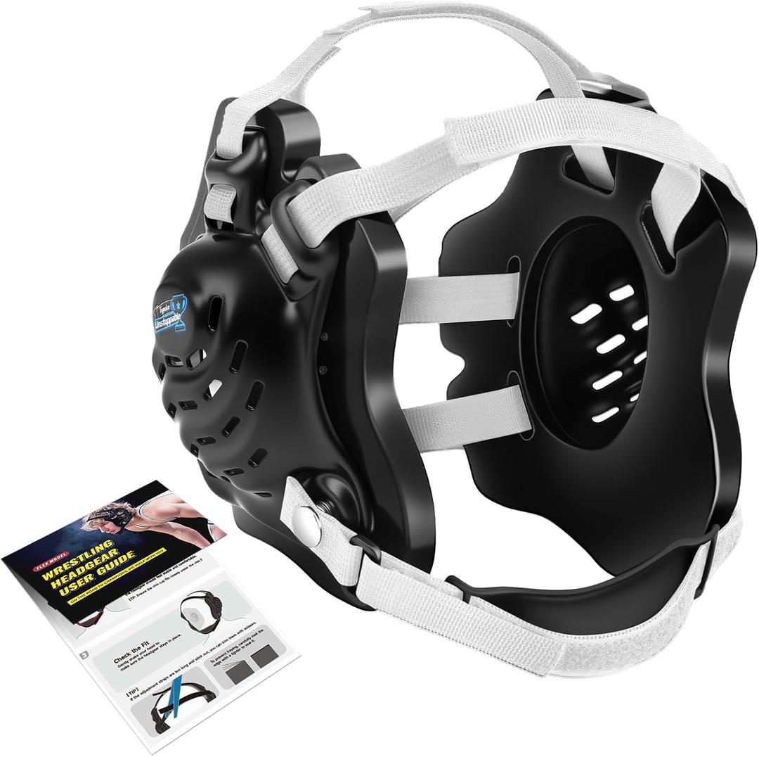 Wrestling Headgear, Head Gear for Men and Youth with Chin Cup, Dual-Layer Ear Guard for MMA, BJJ (for Users Age 10+) (Black Headgear & White Strap)