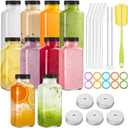 TUZAZO 10 Pack 8 Oz Glass Juice Bottles with Lids, Reusable Travel Drinking Jars Containers for Juicing, Smoothies, Kombucha, Milk, Coffee with Brush, Straws, and Lids with Hole