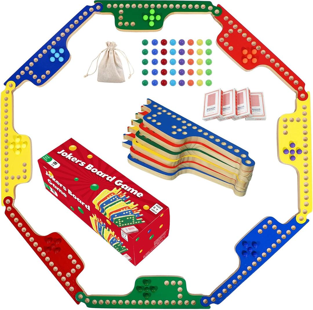 Colorful Jokers and Marbles Board Game Pegs and Jokers Card Game for 2-8 Players 8 Solid Wood Game Boards 4 Colors 40 Marbles 4 Decks of Cards Full Size Game Set