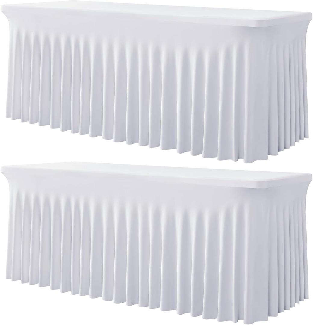 2 Pack White Spandex Tablecloths for 4 ft Rectangle Tables, Stretch Table Cloths 4 Foot Fitted Table Cover with Skirt for Parties Weddings Birthday Banquet Baby Shower