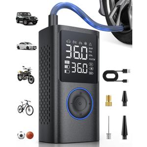Tire Inflator Portable Air Compressor, 150 PSI Cordless Bike Pump, Air Pump for Auto, Motorcycle, Bicycle, Balls with Pressure Gauge, LED Light & Car Accessories, Blue, Standard Capacity