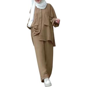 ODIZLI Muslim Long Sleeve Blouse Wide Leg Pants Suits Autumn Solid Abaya Women Matching Sets 2PCS Tracksuits Turkey Kaftan (X-Large, Khaki-pockets Button Down Shirt)