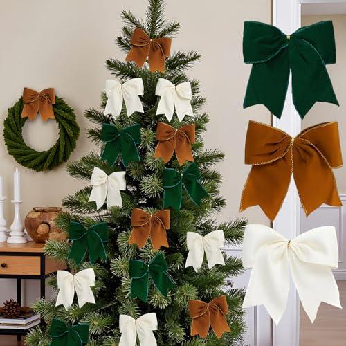 18Pcs Vintage Velvet Christmas Bow Decor - Cozy Rustic 6 Inch Ribbon Bow Ornaments for Christmas Tree, Wreaths, Garland, Gift Wrapping, DIY Crafts & Xmas Home Decoration (Green, Brown, Beige)