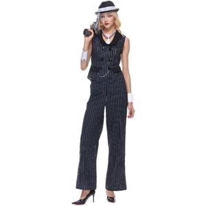 EraSpooky Women Gangster Costume Adult 1920s Pinstripe Suit, Include Sleeveless Jacket Pants Necktie Wristband Hat (Medium)