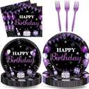 200Pcs Purple and Black Birthday Decorations Happy Birthday Party Supplies Tableware Set Purple Black Disposable Paper Plates Napkins Dinnerware for Women Girl Men Party Baby Shower Decor Serve 50