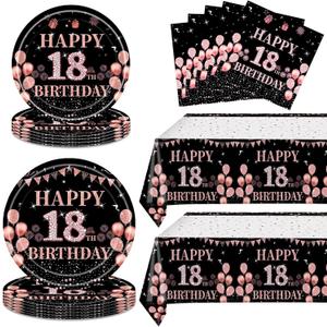 62Pcs 18th Birthday Decorations for Girls Her, Rose Gold Birthday Party Supplies Include 20 7''Plates 20 9'' Plates 20 Napkins and 2 Tablecloth, Rose Gold Princess Party Tableware for 20 Guests
