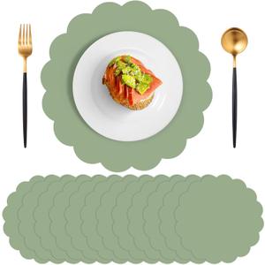 60 Pcs Sage Green Paper Placemats, 13.5 Inch Disposable Scalloped Easter Placemat Round Table Place Mats, Round Table Place Mats for Birthday Wedding Bridal Shower Baby Shower Banquet Tea Party