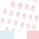 24 Pcs Blue White French Tip Press on Nails Short Fake Nails Press ons Flowers Designs Full Cover Summer Almond Shape Acrylic Nail Kit False Nails Glue Stick on Nails Manicure for Women