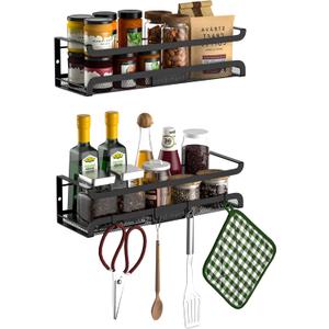 Spice Rack Wall Mount with Hooks - Spice Racks Organizer for Cabinet Storage, Wall Mounted Hanging Shelf Seasoning Organizer, for Kitchen, Pantry Door, Bathroom (Black, 2 Pack)